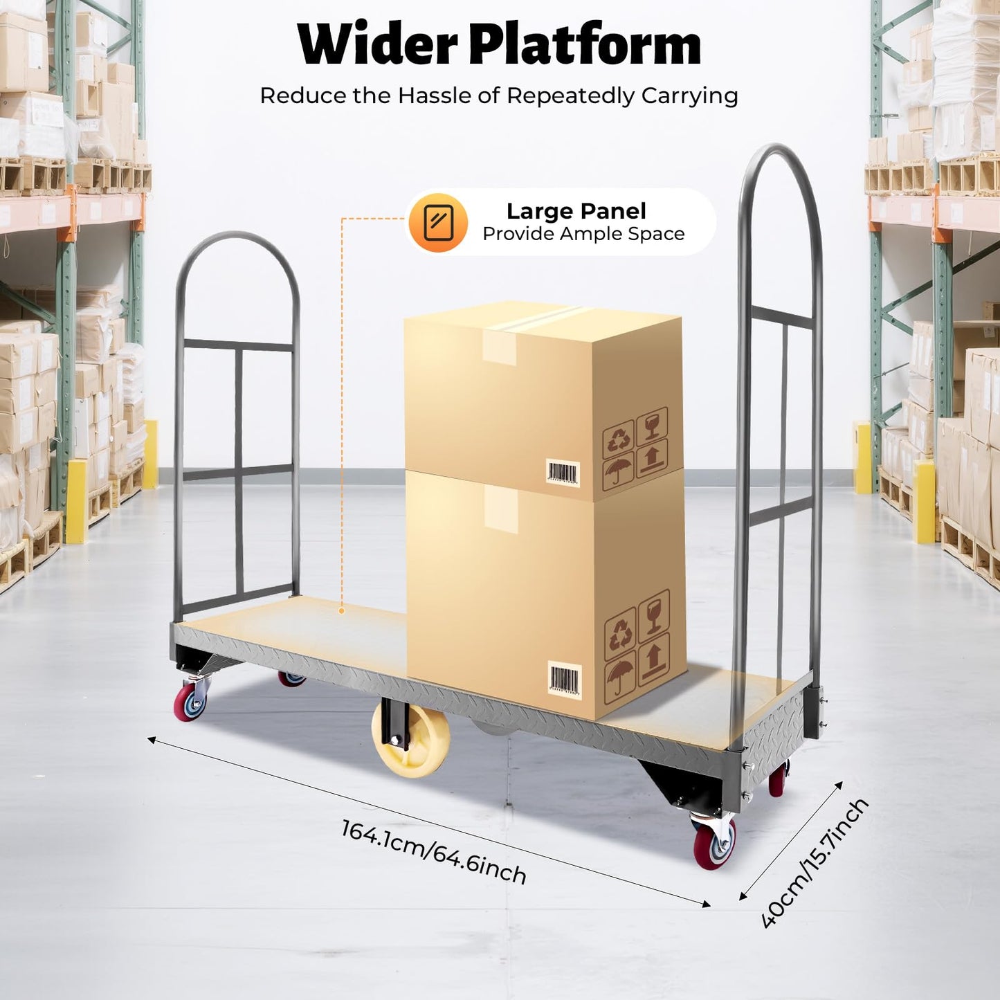 Heavy Duty U-Boat Platform Truck, 64.6"x 15.7"x51.2" Steel Dolly Cart with 2000 lbs Capacity and Removable Side Fences, 6 Wheels and Foot Brake (64.6"x 15.7"x51.2")