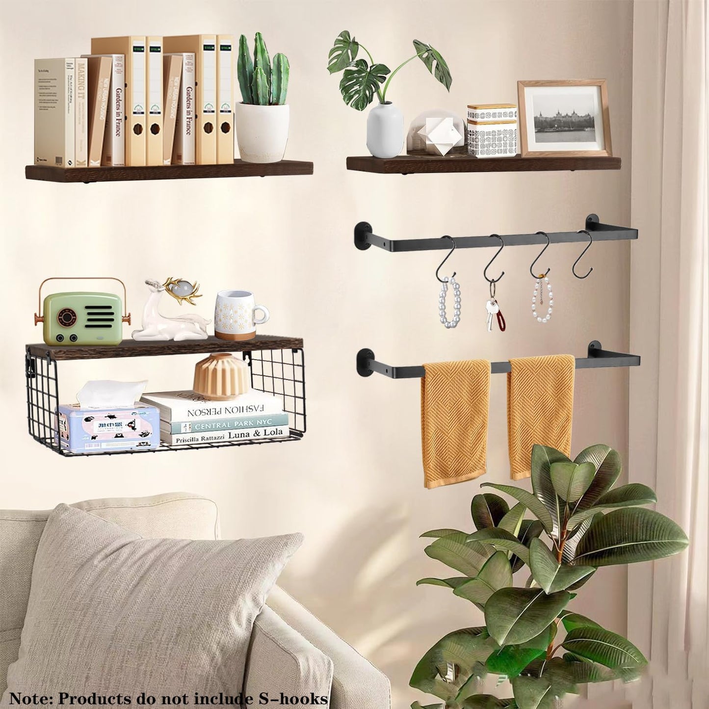 Regine Switzerland Floating Shelves - Wall Mounted Bathroom Organizer with Storage Basket & Towel Rack | Dark Brown, Set of 4, 16 in