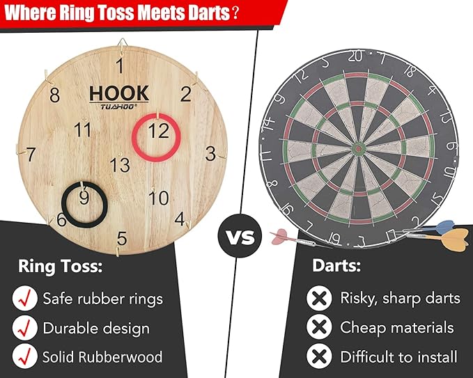 Ring Toss Games for Kids - Outdoor Yard Game for Adults & Family Backyard Toys, Wooden Board Hook Darts Wall Game for Gaming Room, Patio, Garage, Hookey Ring Tossing Game