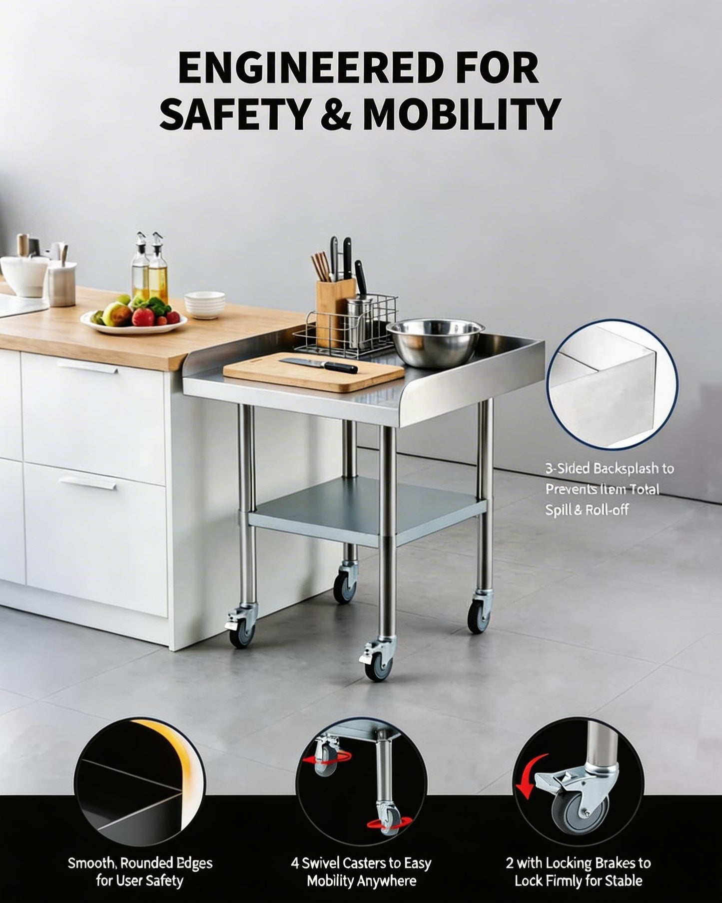 24 x 24 Stainless Steel Prep Table with Wheels – Commercial Mobile Workstation, Adjustable Undershelf, 3-Sided Backsplash – NSF Kitchen Worktable for Restaurant, Home, Garage & Catering