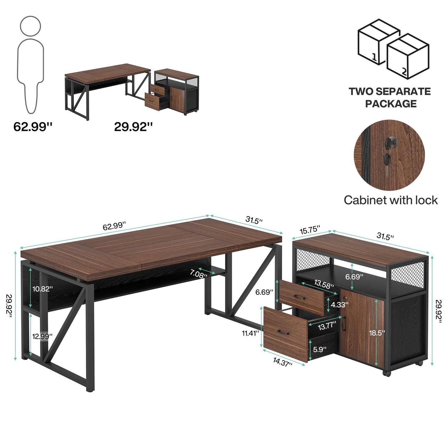 Tribesigns 63" Executive Deskwith Drawer Cabinet, L Shaped Desk and lateral File Cabinet, 2 Piece Home Office Furniture Set with Drawers for Hanging, Doors with Locks (Dark Brown, 63 inches)