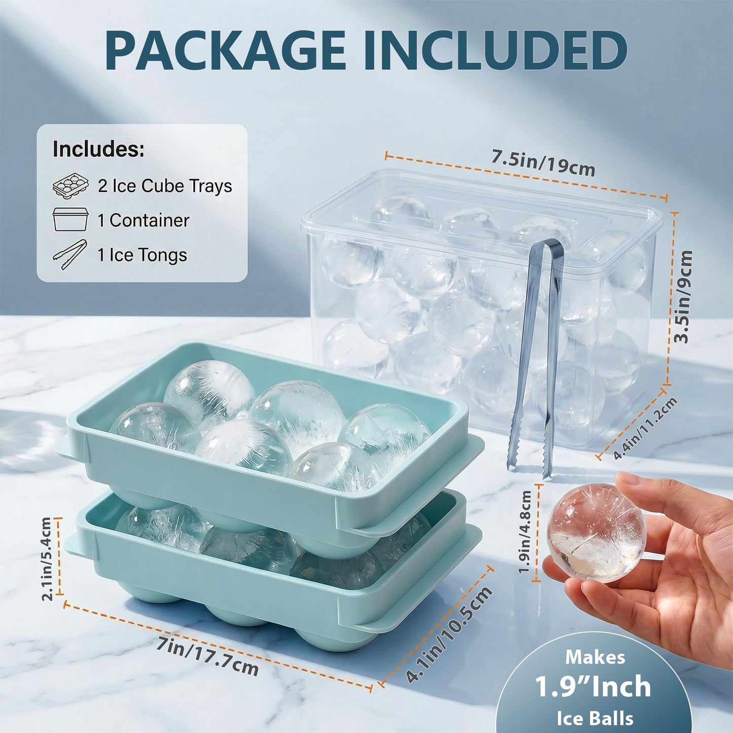 WIBIMEN Large Ice Cube Molds, Big Round Whiskey Ice Cube Trays for Freezer, Easy to Fill & Release, Whiskey Bourbon Cocktail(1.9In*6 Balls- Blue/2 Pack)