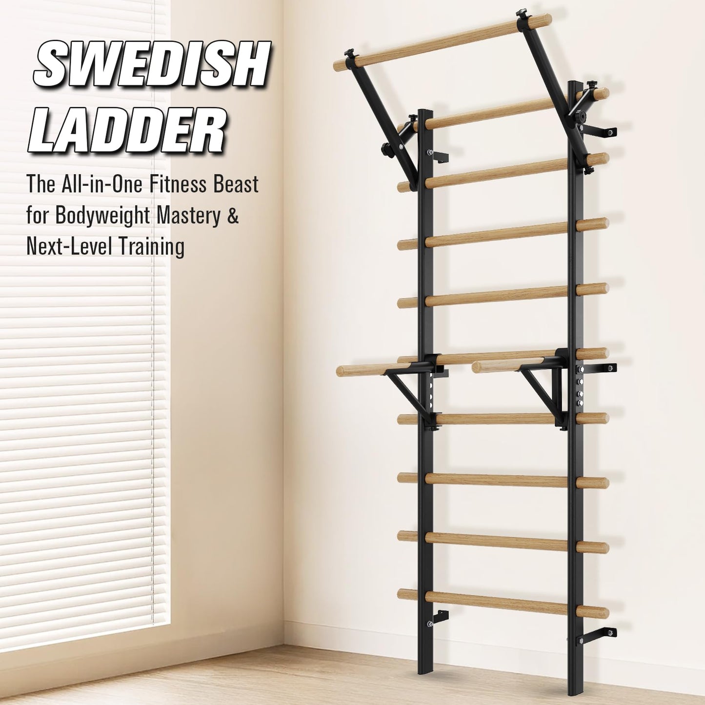 Swedish Ladder Wall Gym, Stall Bar Home Gym with Adjustable Pull-Up Bar, Dip Bar Attachments & 2pcs Resistance Band, 9 Strategic Rods for Core Strengthening and Stretching Balanced for Body Exercise