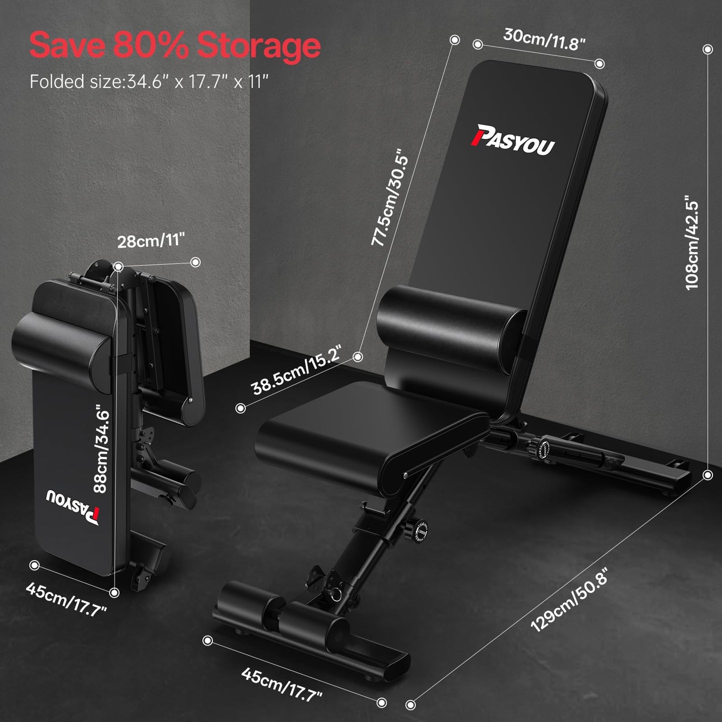 PASYOU Adjustable Weight Bench for Home Gym, Foldable Strength Training Bench with 880 lb Capacity, Incline Decline Flat Positions with Lumbar Support, Compact Workout Bench for Small Spaces