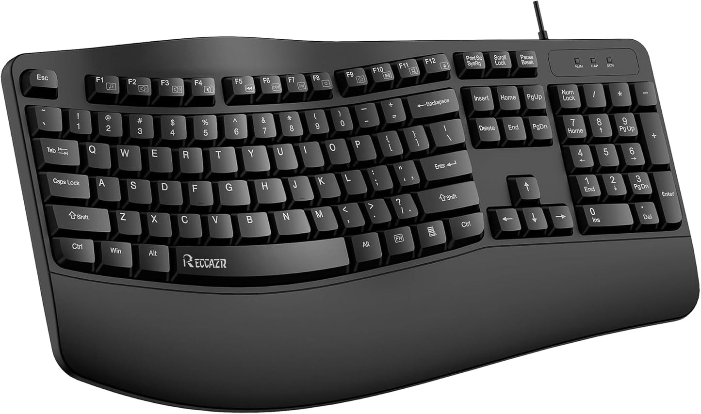 RECCAZR Ergonomic Keyboard, Wired Computer USB Keyboard with Wrist Rest, Spill-Resistant, Wave Keys for Natural Typing