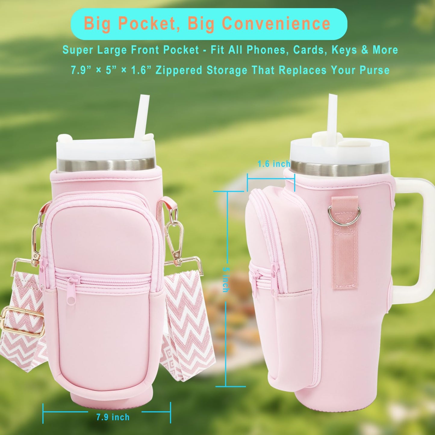 Water Bottle Holder with Strap for Stanley Cup 40 oz Tumbler with Handle, Super Large Capacity Pocket, Water Bottle Carrier Bag with Phone Pocket for Stanley Cup Accessories (Pink)