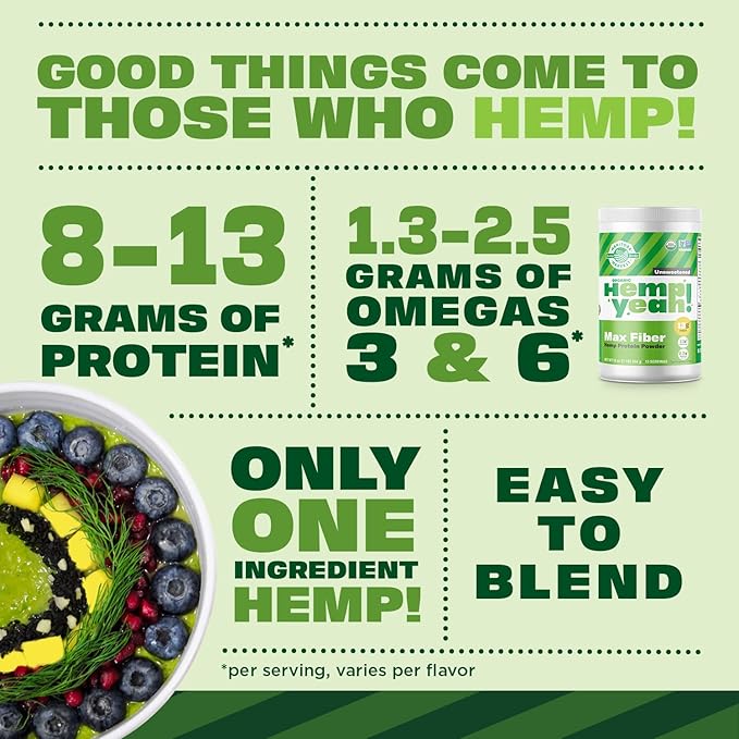 Manitoba Harvest Hemp Yeah Organic Max Fiber Protein Powder, Unsweetened, 16oz, with 13g of Fiber, 13g Protein and 2.5g Omegas 3&6 per Serving, Keto-Friendly, Preservative Free, Packaging May Vary