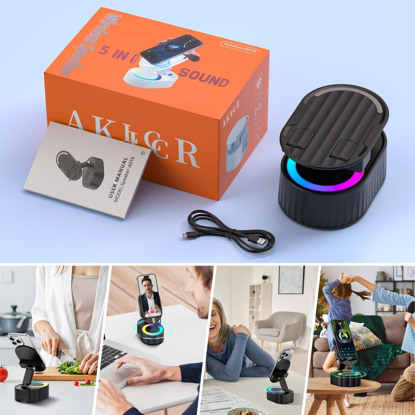 AKLLCCR 5in1 (3000mAh) 300 Wireless Induction Audio Bluetooth Speaker Phone Holder Emergency Rechargeable with Colorful