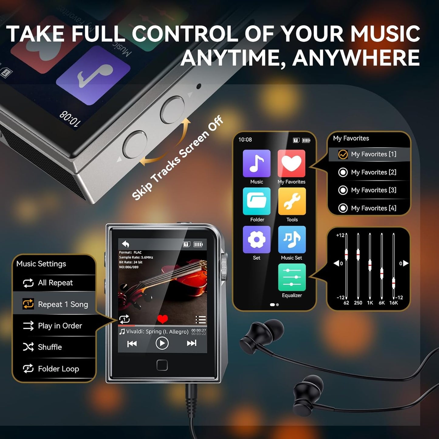 RUIZU 64GB MP3 2" 128GB HiFi Lossless Player, DAC DSD High Resolution Digital Audio Player, Portable Hi-Res Music