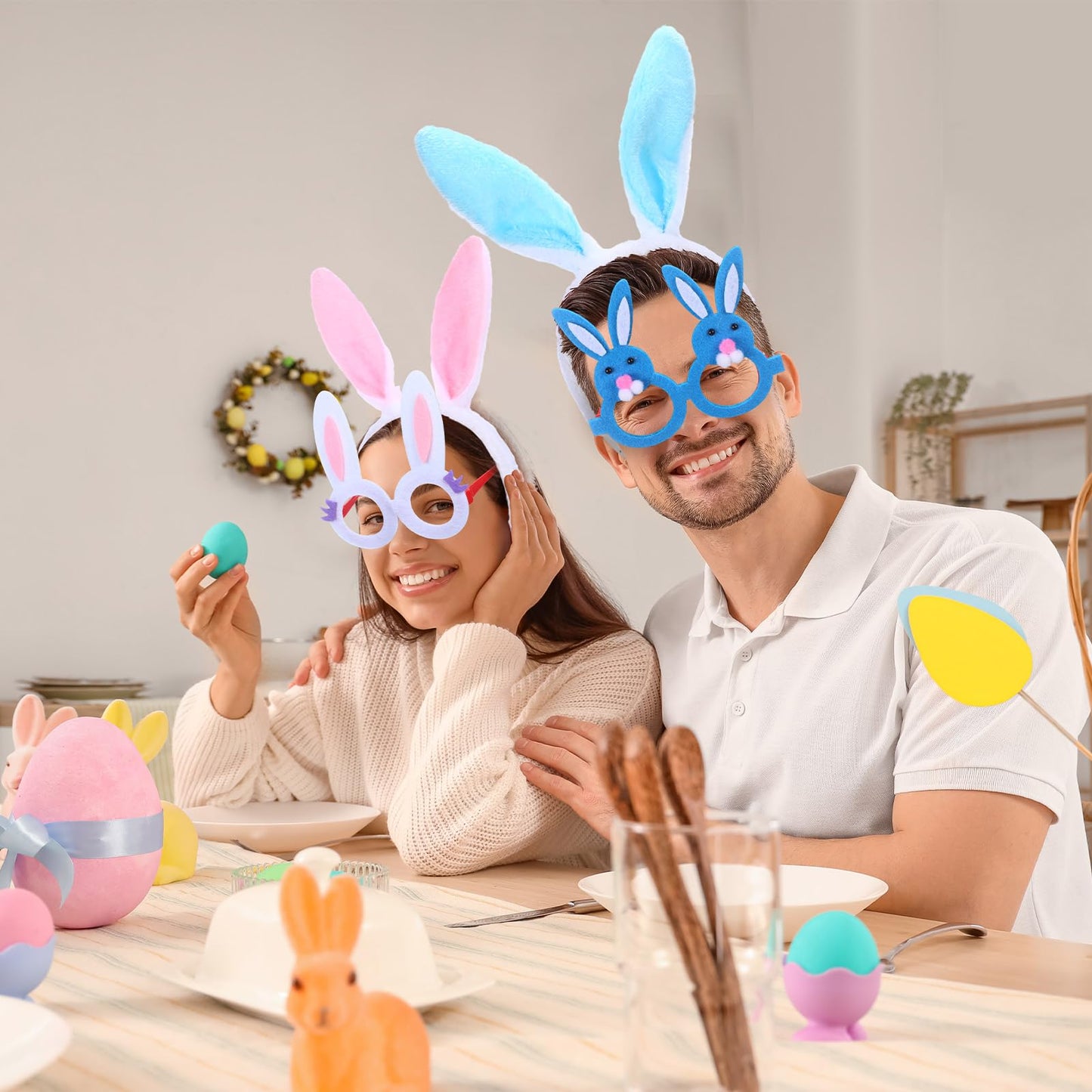 Seenelling 48 Pcs Easter Headbands and Glasses Set, Bunny Ears Bulk with Cute Bunny Glasses, Plush Spring Costume for Adults Easter Photo Props Party Favors