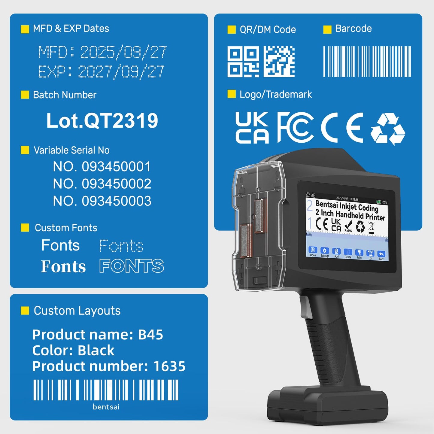 BENTSAI B45 Handheld Inkjet Printer with 2 Inch Print Height for High Definition Batch Coding EXP Date Marking Product Labeling on Carton Wood Plastic Metal Fabric Glass Aluminum