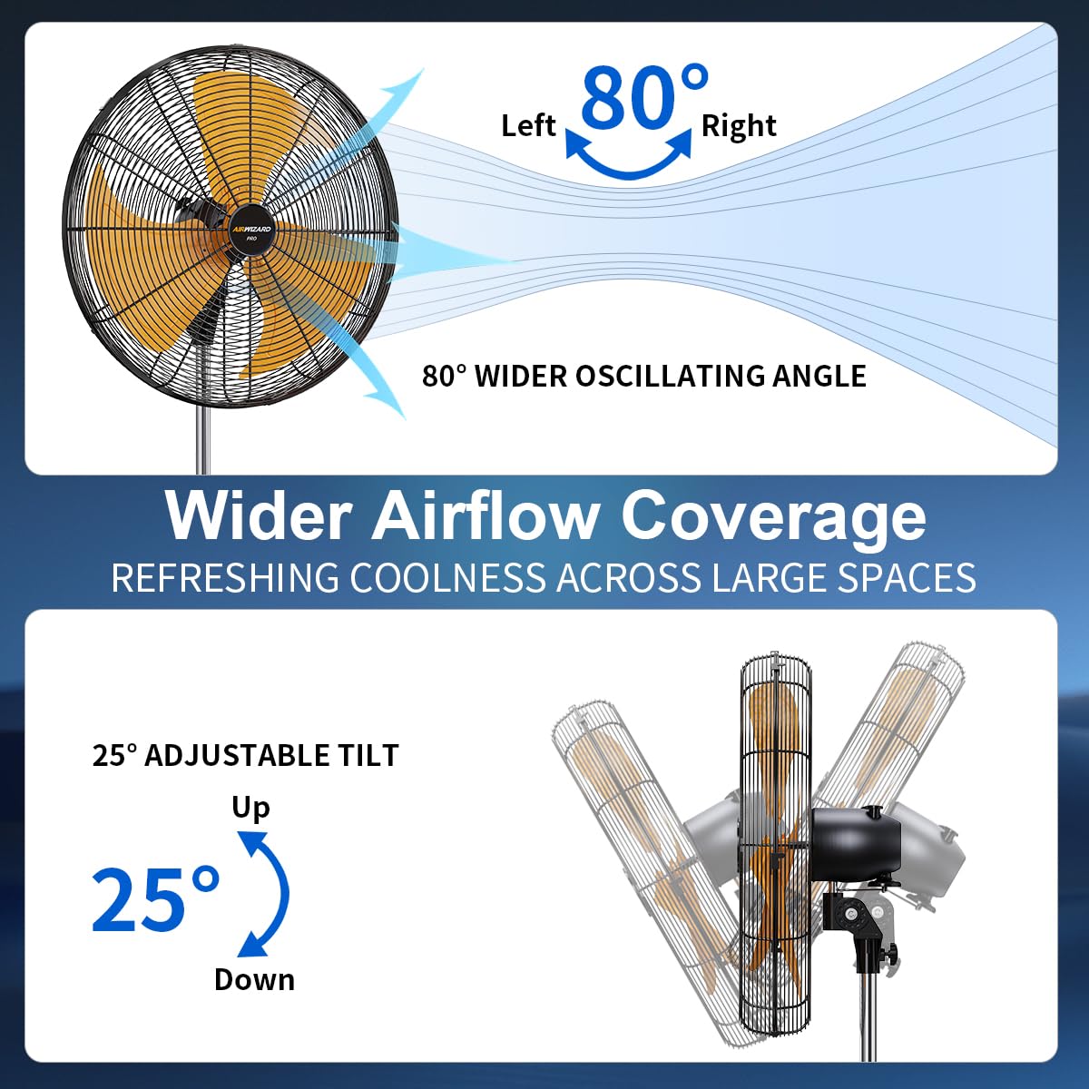 AIRWIZARD Pro Series 20 inch Oscillating High Velocity Pedestal Fan, 6000 CFM Industrial Metal Commercial Standing Fan with Aluminum Blades, 3 Speeds, Adjustable Height and Tilt, for Garage, Shop