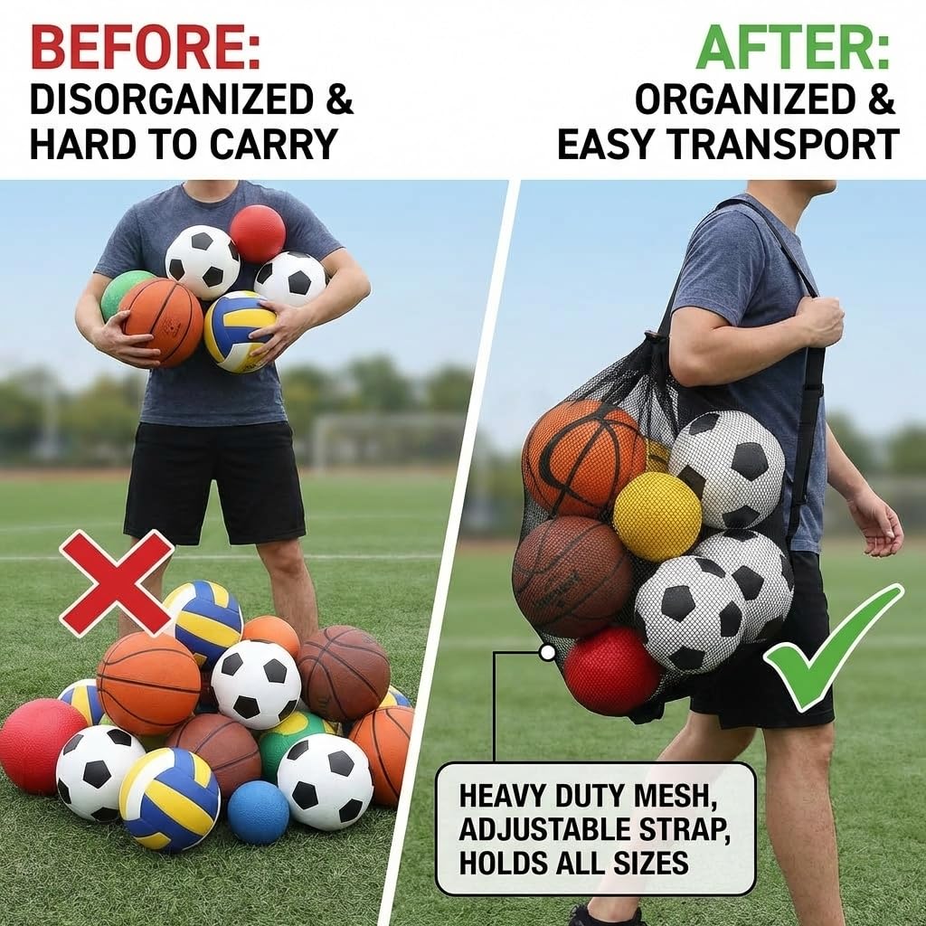 Keeble Outlets Basketball Bag | Large Mesh Ball Bag for Basketballs, Soccer Ball, Volleyball Ball & Sports Equipment | Heavy Duty Mesh Bag | Ball Storage Net with Strap | Sports Bag for Equipment