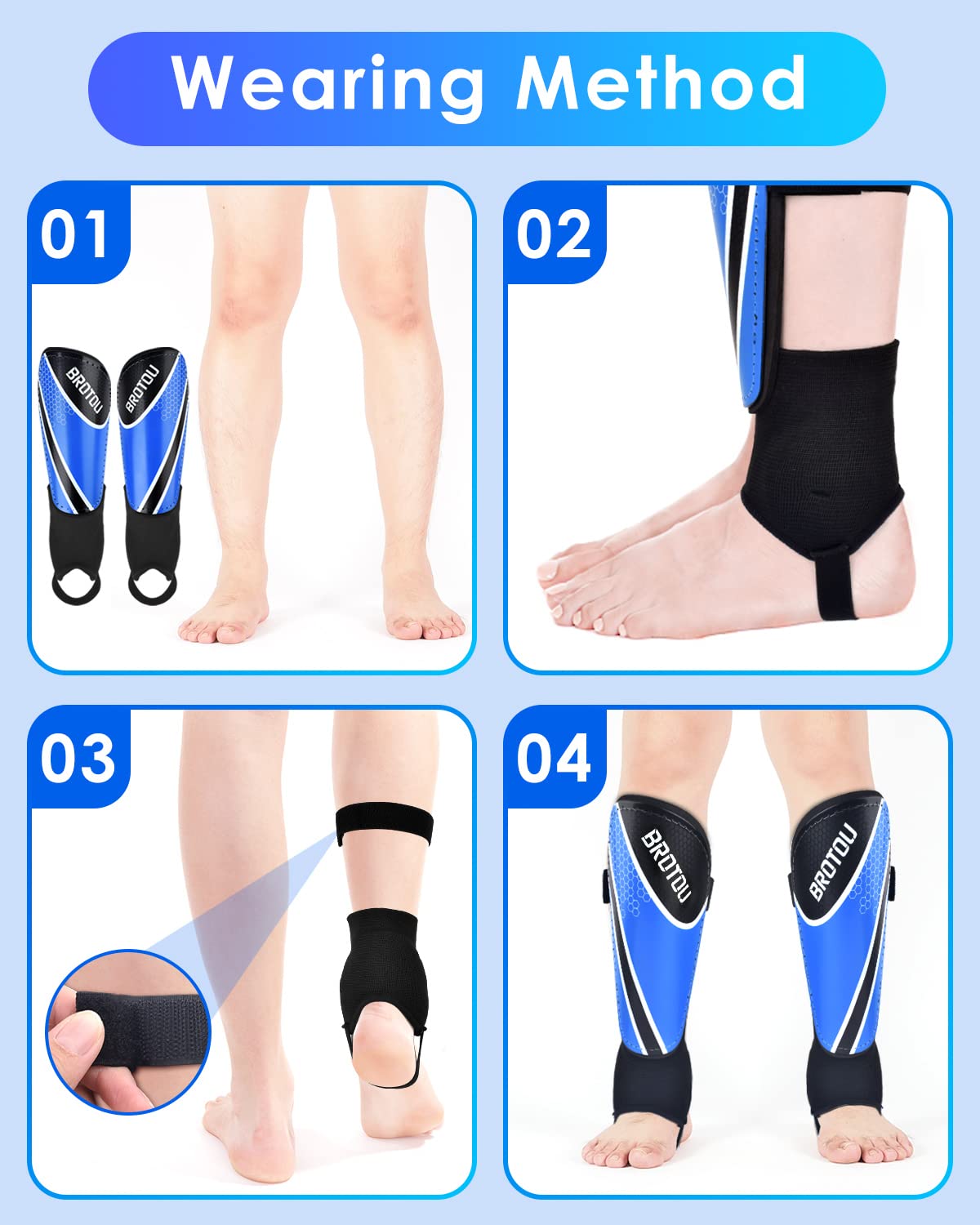 BROTOU Shin Guards Soccer Youth, Soccer Shin Guards for Kids 3-15, Light Weight Adjustable Straps Shin Pads Protection Equipment with Ankle and Leg Calf Protection (S, Blue)