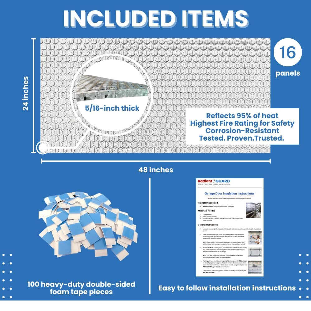 RadiantGUARD Garage Door Insulation Kit (Pre-Cut 16 Panels) Lightweight Reflective Insulation DIY Easy to Install Fits 2-Car Garage Doors 8-FT by 16-FT Radiant Barrier Technology