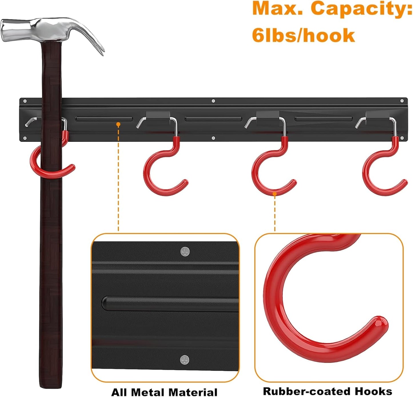 WALMANN All Metal Wall Mount Garden Tool Organizer - 64 Inch Storage Rack with 4 Rails & 16 Hooks