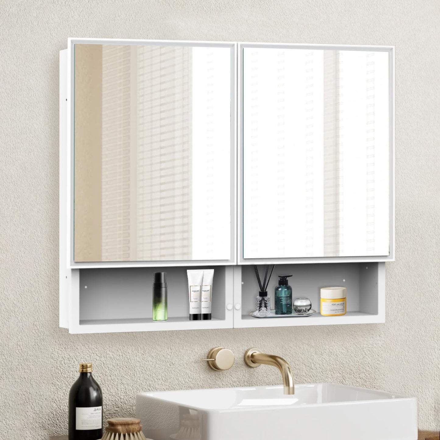 HESONTH 32x26 Inch Bathroom Medicine Cabinet with Mirror, Double Door Wall Mounted Storage with Extra Drawers, Bevel Edge Mirror, Adjustable Shelves, for Recessed or Surface Mount Installation