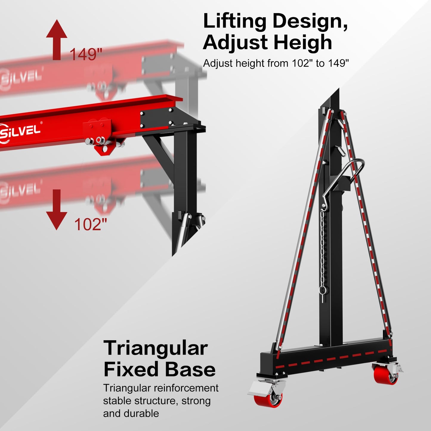 SILVEL 3 Ton Gantry Crane, Max 6600Lbs 8.53FT Maximum Capacity Width, Adjustable Height 8.53-12.47FT, Portable Shop Lift Hoist with 3 Ton Manual Trolley for Factories, Warehouses, Garage, Red