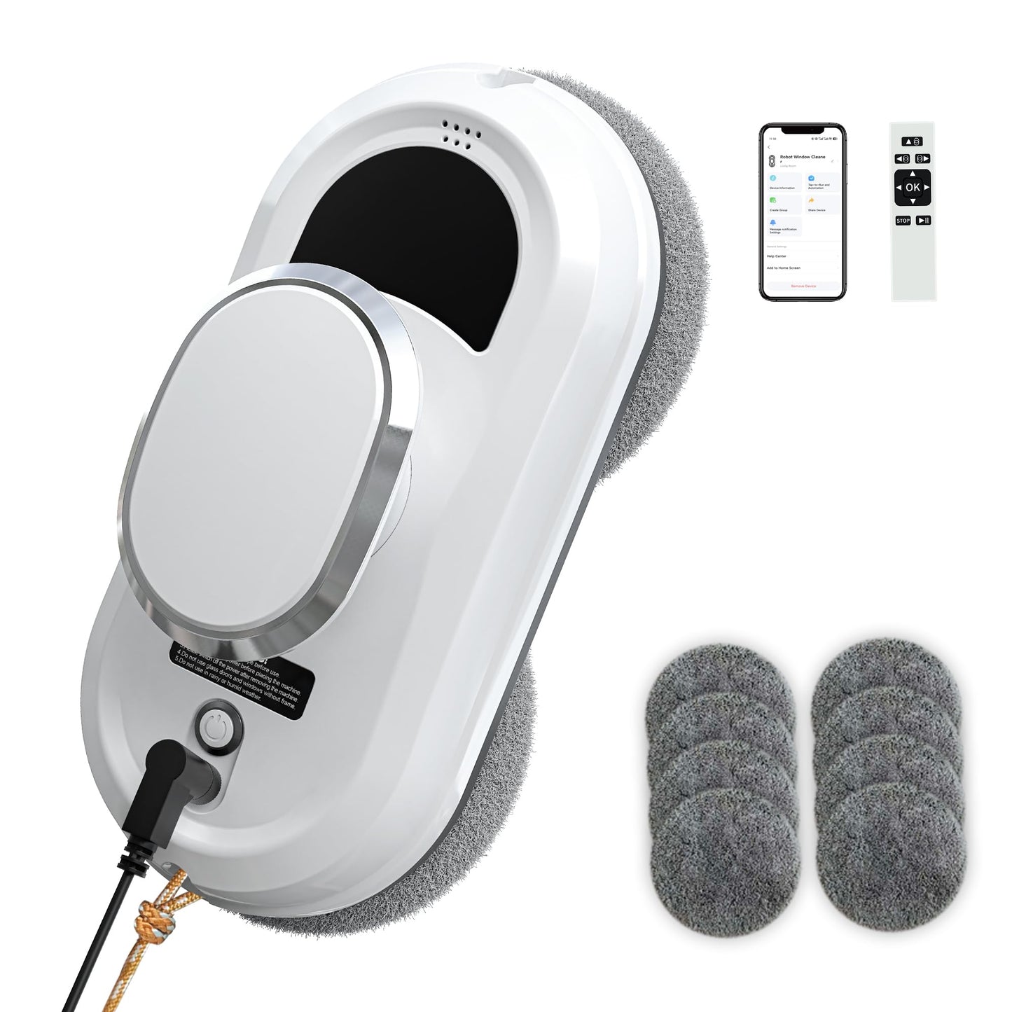 EAEGE Automatic Window Cleaning Robot, Smart Robot Window Cleaner Inside/Outside, 3000Pa Suction, Intelligent Path Planning, Remote Control for high Glass, Shower, Mirror with 10 Rags(White)