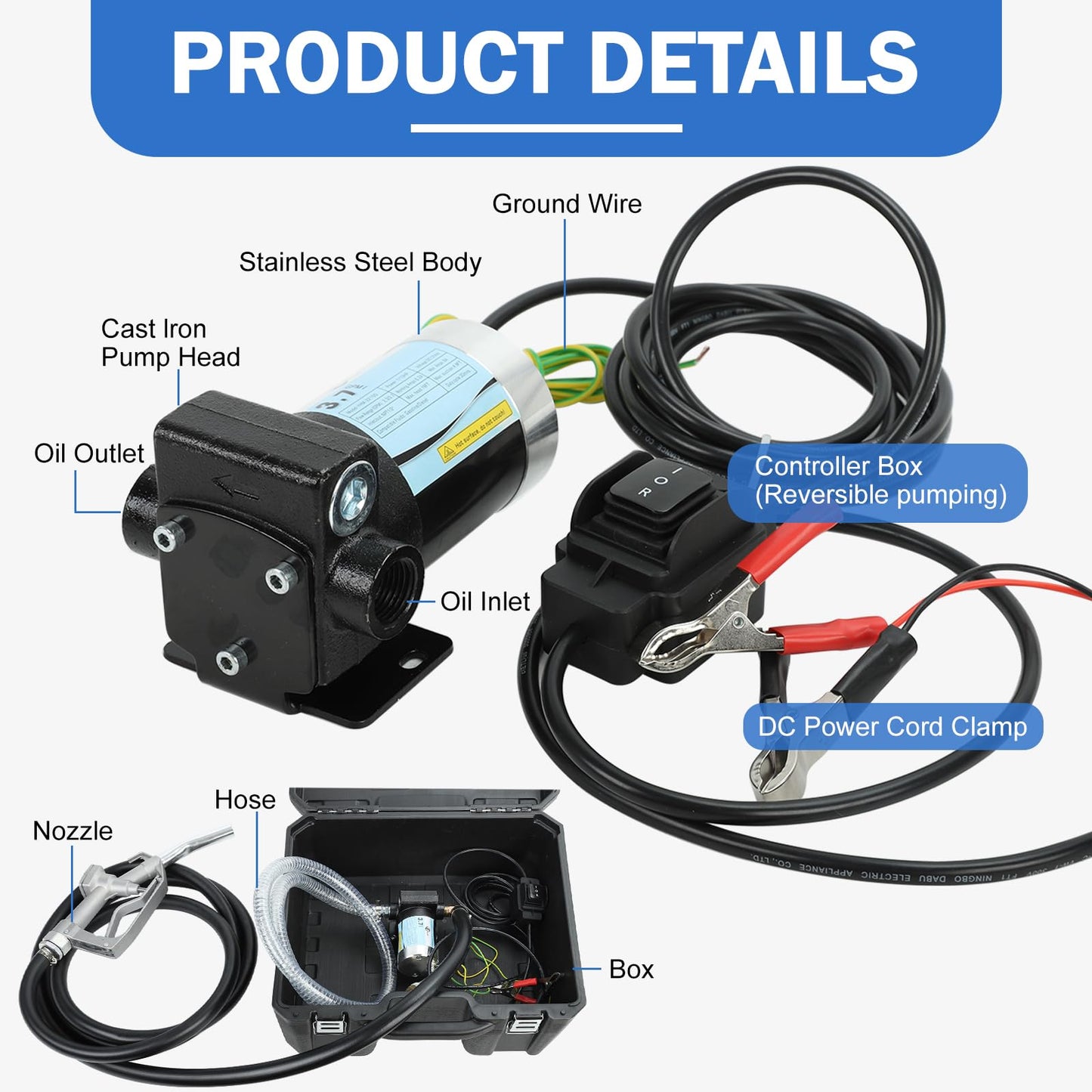 Gasoline Diesel Fuel Box Transfer Pump Kit Portable Self-Priming 12V DC Electric Fuel Pump with Alligator Clamps, Manual Nozzle, Delivery & Suction Hose for Gasoline Diesel Kerosene
