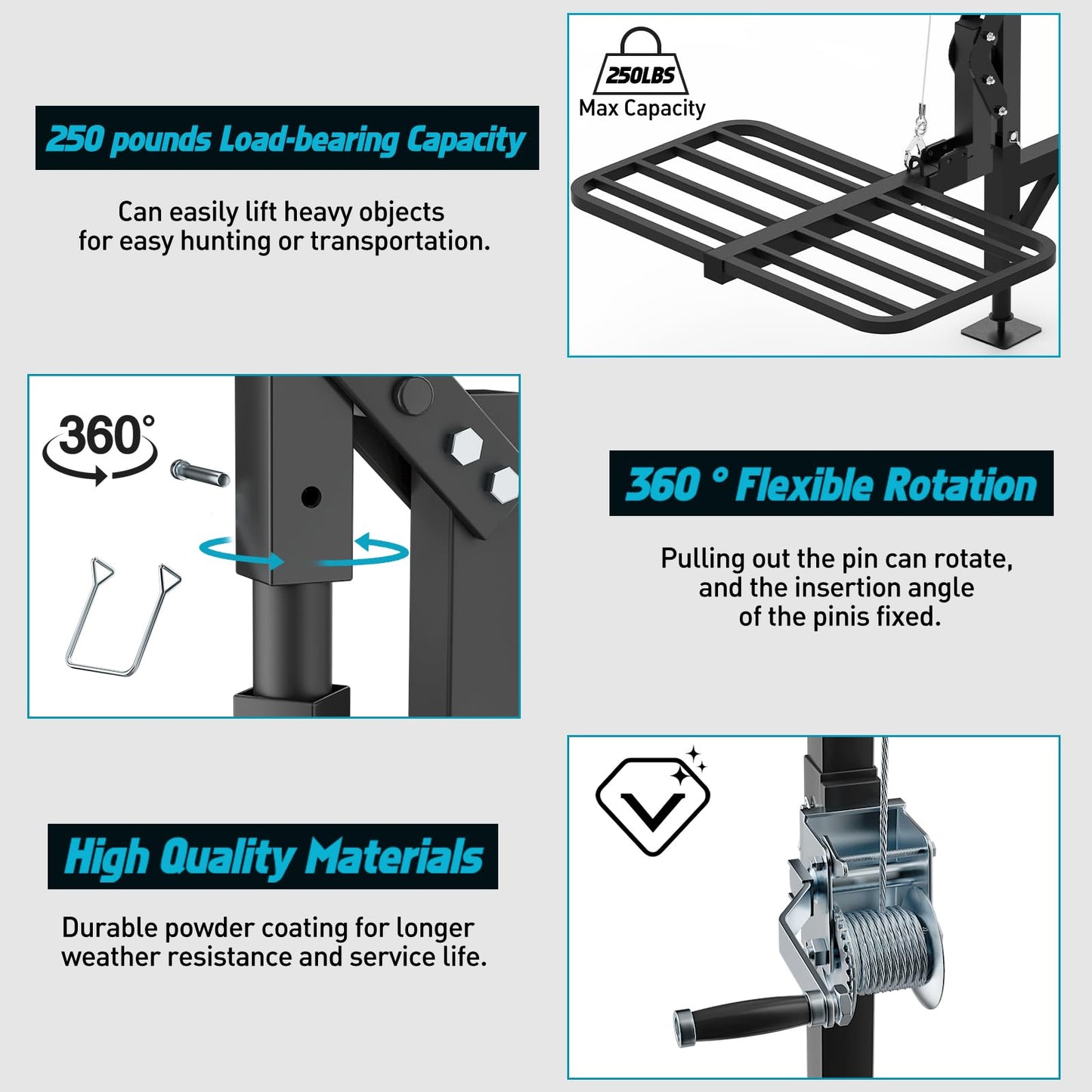 CROSSHIP Truck Hitch Game Carrier Lifting System - Hitch-Mounted Hoist Platform - 360 Degree & Foldable for Safely Load, 250lbc Lift for Truck, Pickups & SUV (Fits 2'')