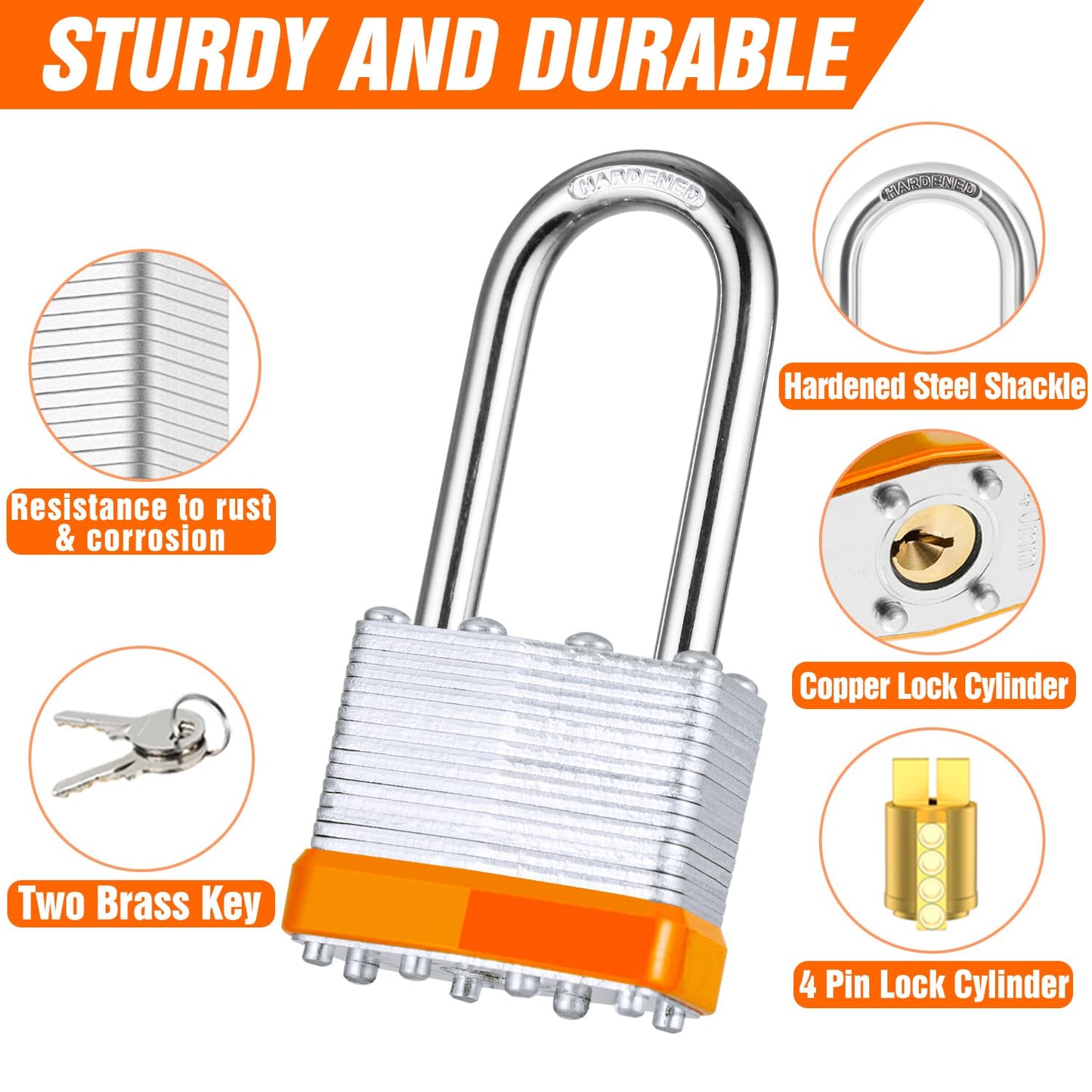 6Pcs Padlocks with Same Keys,Laminated Steel Orange Silver(1-9/16",40mm),Long Shackle for Sheds,Gates,Fences,Toolbox,Outdoor and Indoor Use