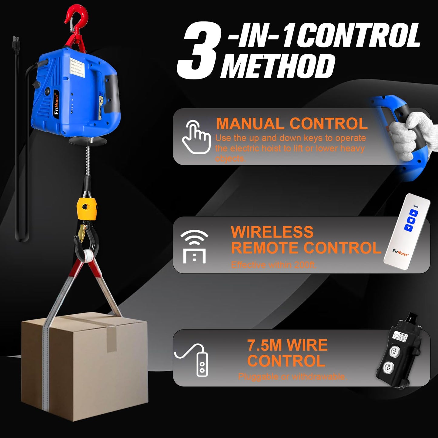 3 in 1 Electric Hoist Winch, 1500W Portable Electric Winch, 1100Lbs with Manual/Wired/Wireless Remote Control, 110V/120V Electric Hoist Crane, 25ft Lifting Height, Suitable for Lifting Towing