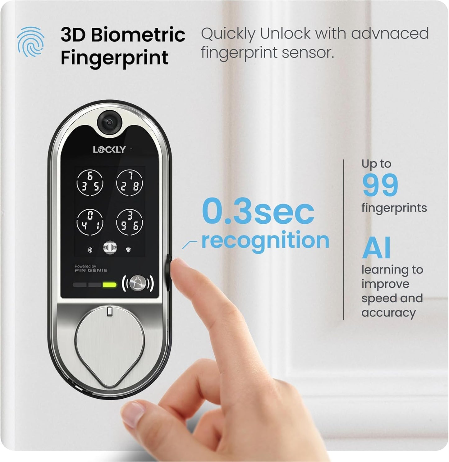 Lockly Vision Smart Lock, HD Video Doorbell Smart Locks for Front Door, Fingerprint Door Lock, Touchscreen Keypad, App Control, No Monthly Fee, Auto Lock