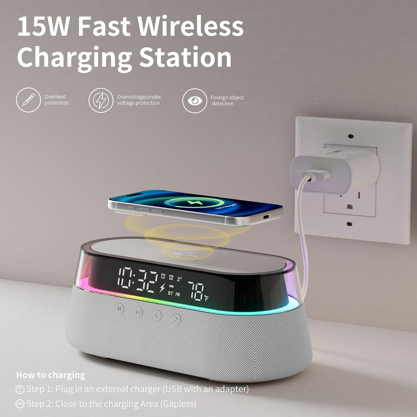 KUANGXIANG 6-in-1 15W Dimmable Bluetooth Speaker Alarm Clock with Remote, Fast Wireless Charger, FM Radio & LED Night