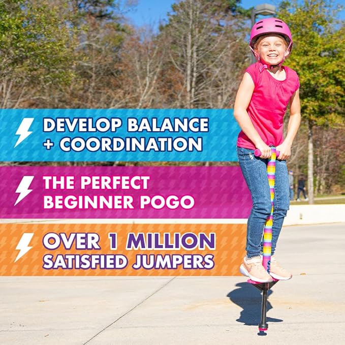 Flybar Pogo Stick for Kids, 40 to 80 Pounds, Perfect for Beginners, Easy Grip Foam Handles, Anti-Slip Foot Pegs, Outdoor Toys for Boys, Jumper Toys for Girls, Outside Toys for Kids (Jolt, Rainbow)