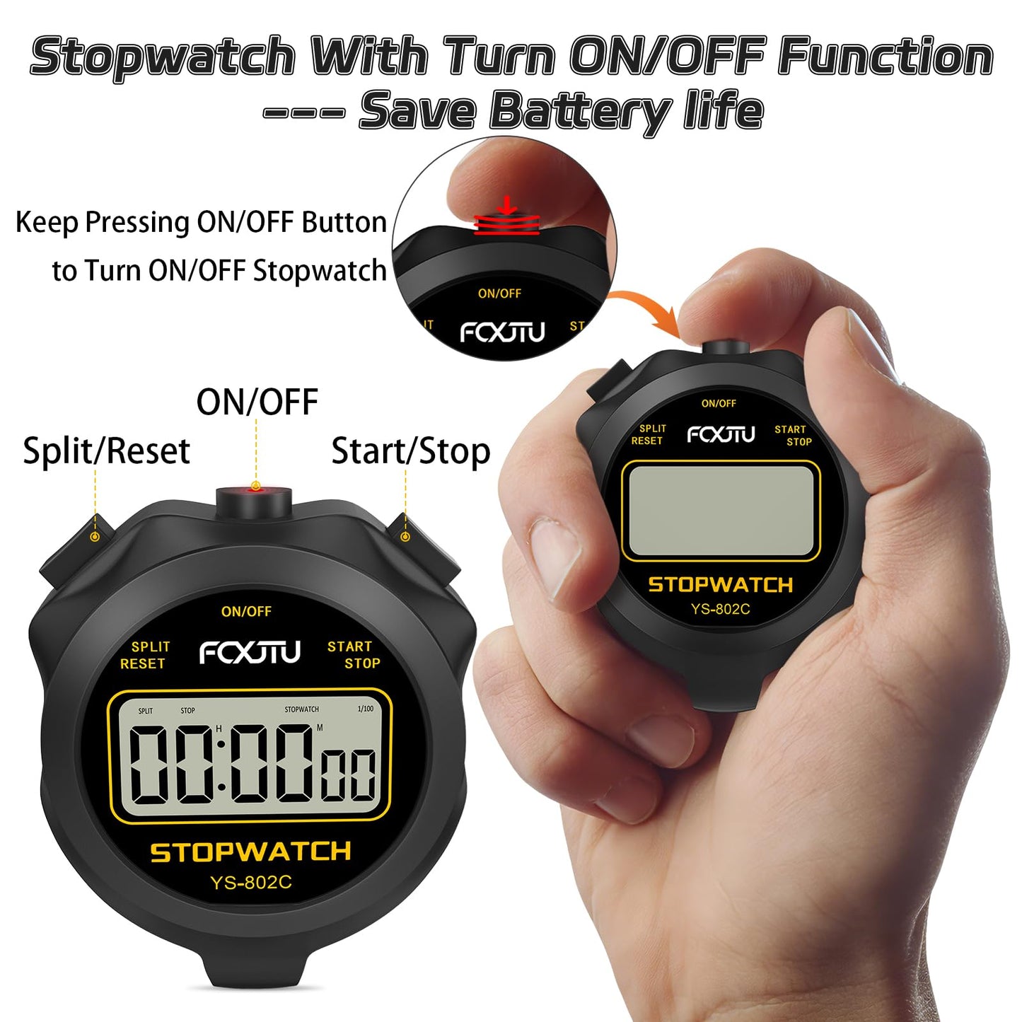 FCXJTU Simple Digital Sports Stopwatch Timer, No Bells, No Clock, No Alarm, Simple Basic Operation, Silent, ON/Off, Pure Stopwatch for Swimming Running Training Kids Coaches Referees Teachers (Black)
