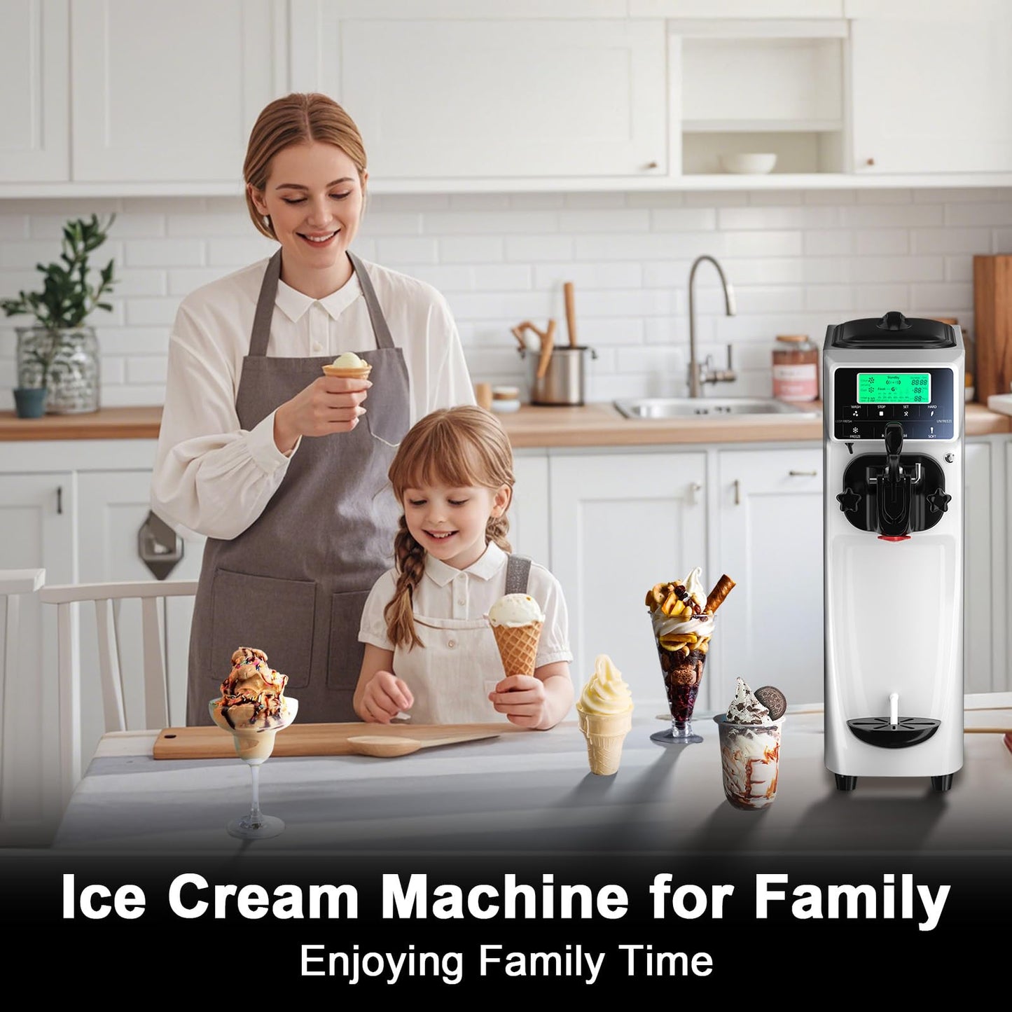 Ice Cream Maker Machine for Home, 5 Inch Screen Soft Serve Ice Cream Machine 3.5 Gals/H Single Flavor Ice Cream Maker with Pre-Cooling Soft Serve Machine with 1.6 Gals Tank for Birthday Party