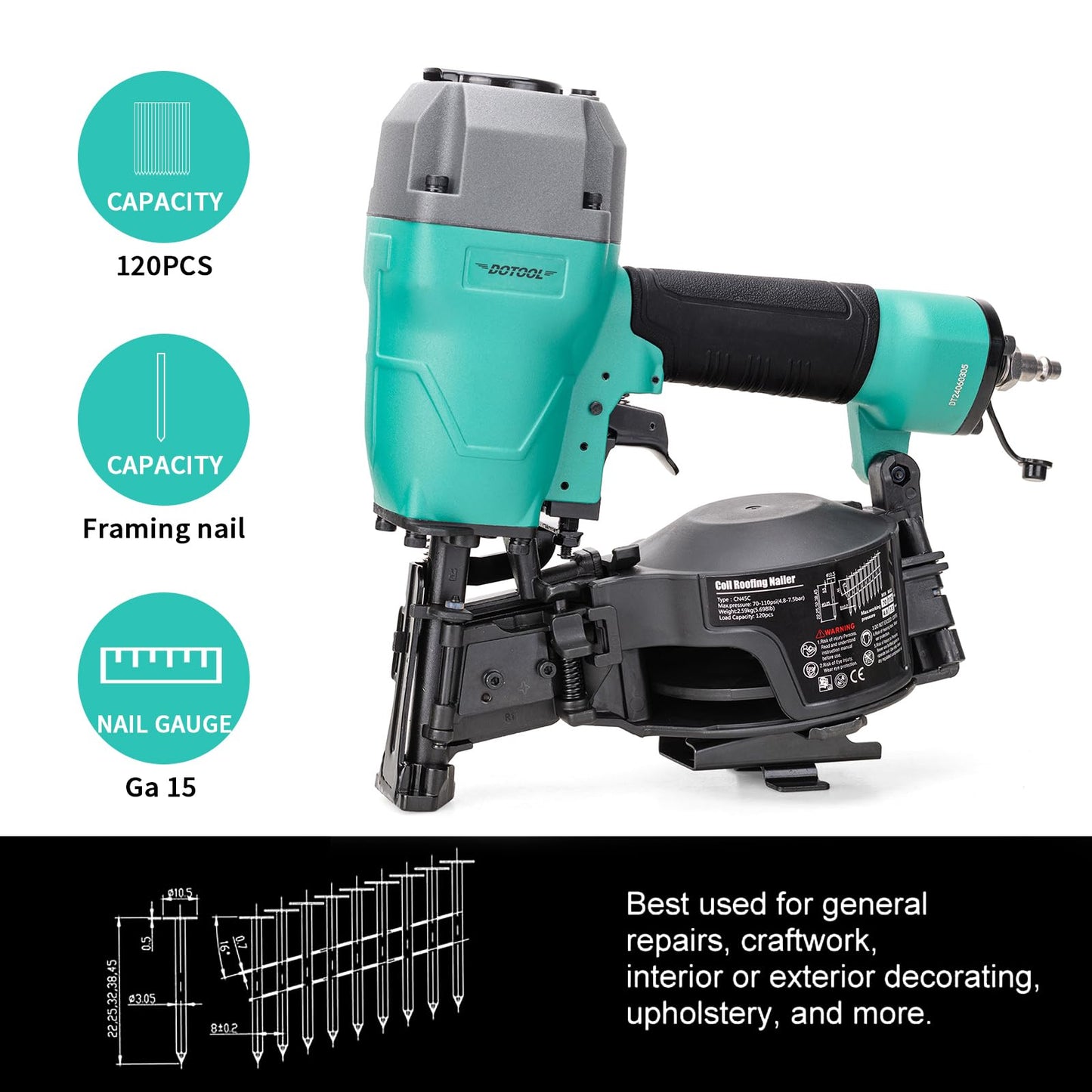 DOTOOL Roofing Nailer CN45C 15 Degree 3/4-Inch to 1-3/4-Inch Roofing Nail Gun Pneumatic Coil Nailer 120 pcs Load Capacity