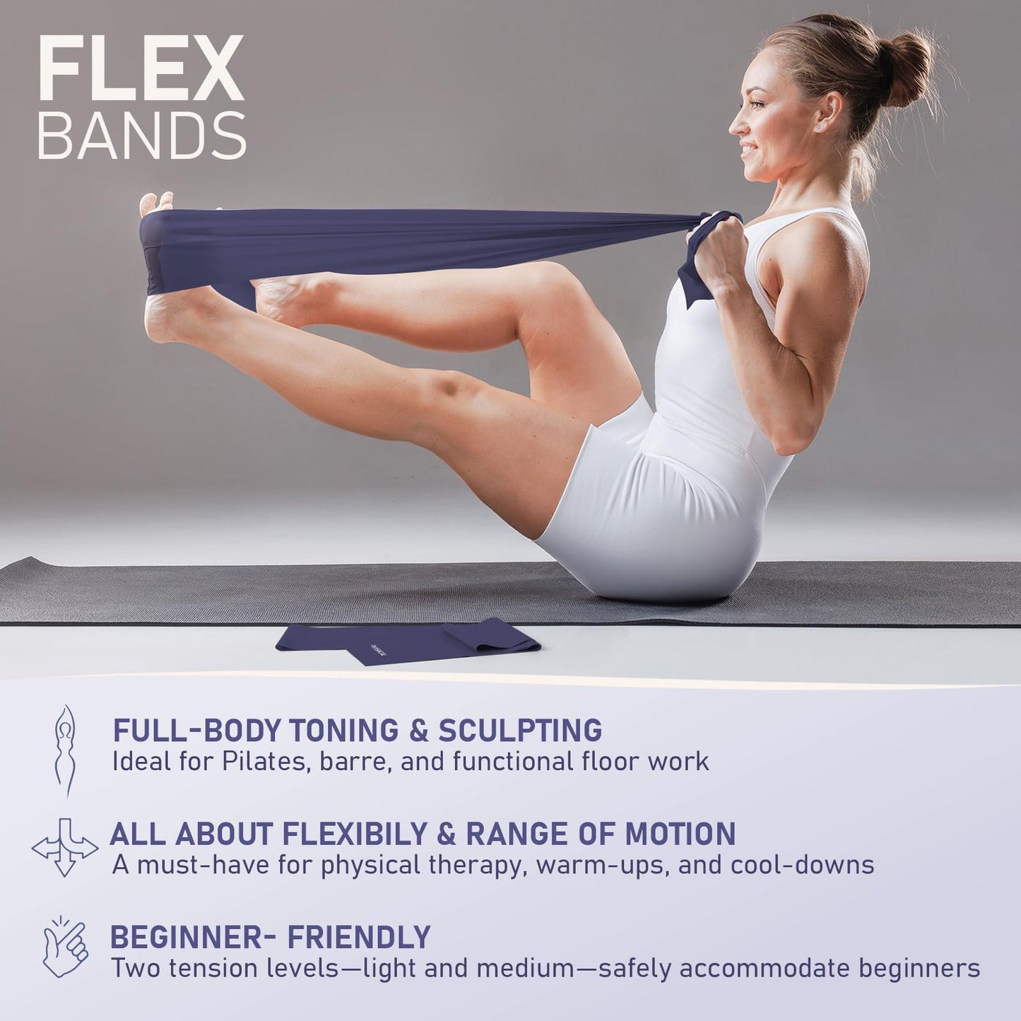 PhysKcal Pilates Ring Set, 15-Inch Magic Circle with 1x Core Ball, 3X Resistant Loop and 2X Flex Band, Mat Pilates at Home Essential Kit (Navy)
