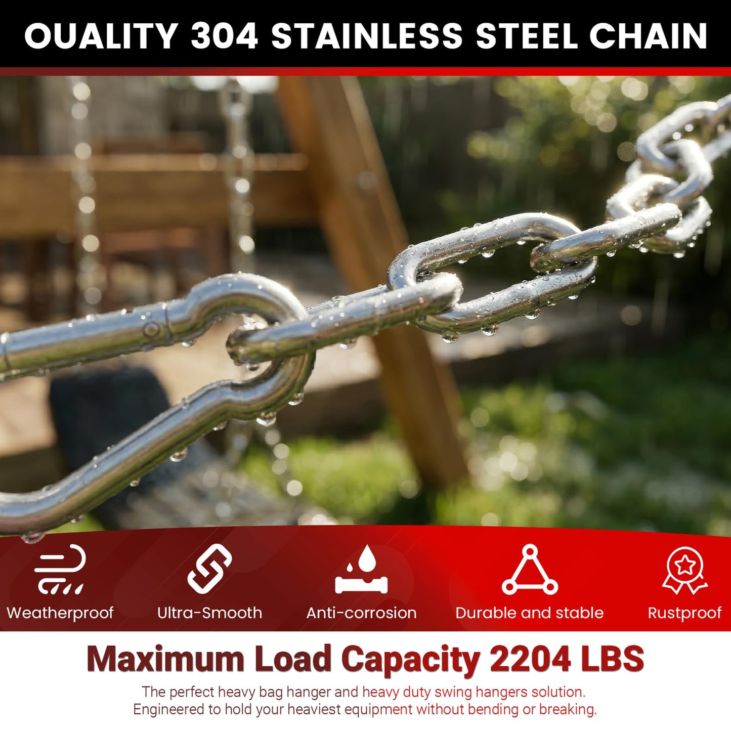 sprookber 1000LB Heavy Duty Hanging Swing Chain, 6mm Thick 304 Stainless Steel Hanging Chain with 2 Carabiners, 25" Hardware Kit for Hammock, Hanging Chair, Punching Bags, Tree, Indoor & Outdoor