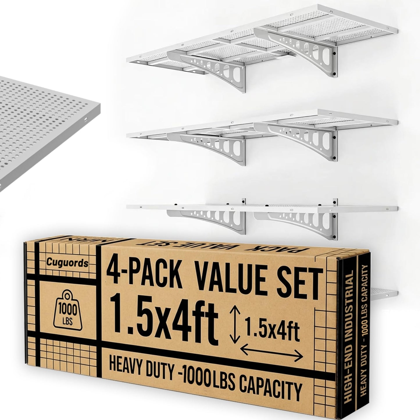 Cuguords 4-Pack 1.5x4ft Garage Wall Storage, 1000 Lbs Garage Wall Shelves, Ultimate Flat Metal Rack with Complete Install Kit, White