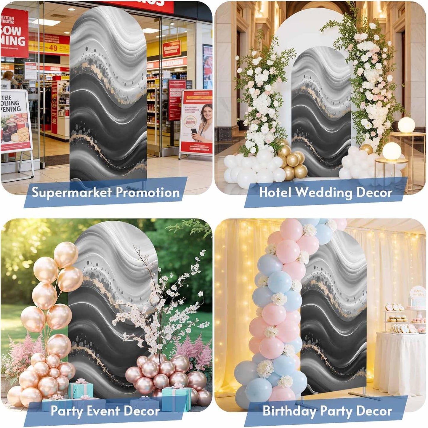 Jnbasdffb 7.2 Marble Wedding Arch Cover,Stretchy Spandex Arch Backdrop Stand Covers FT,Black Grey Oil Painting Gradient