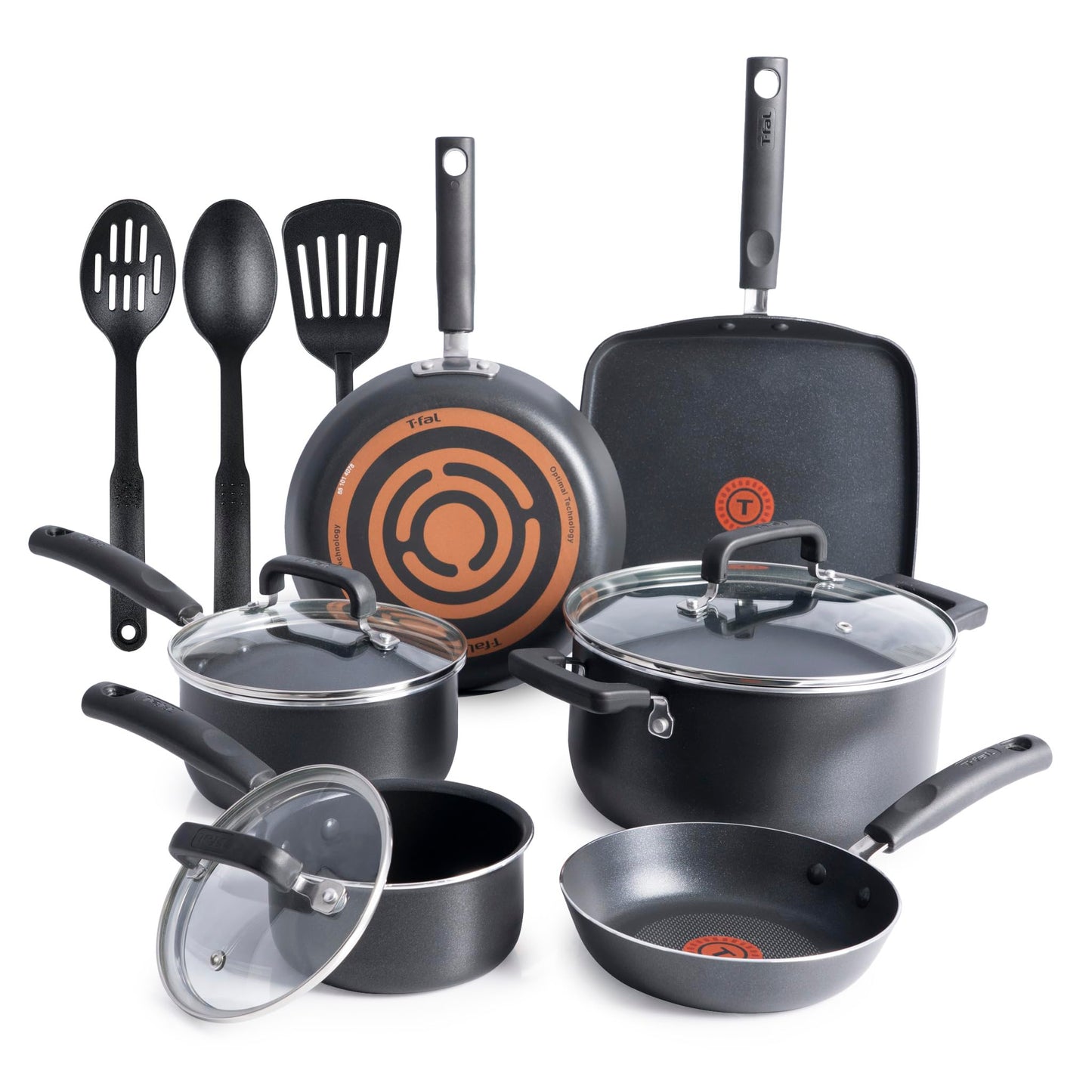 T-Fal Signature Nonstick Pots and Pans Set 12 Piece, Oven Broiler Safe 350F, Kitchen Cookware Set w/Fry Pans, Saucepans, Saute Pan, Dutch Oven, Griddle, Kitchen, Home, Dishwasher Safe, Black