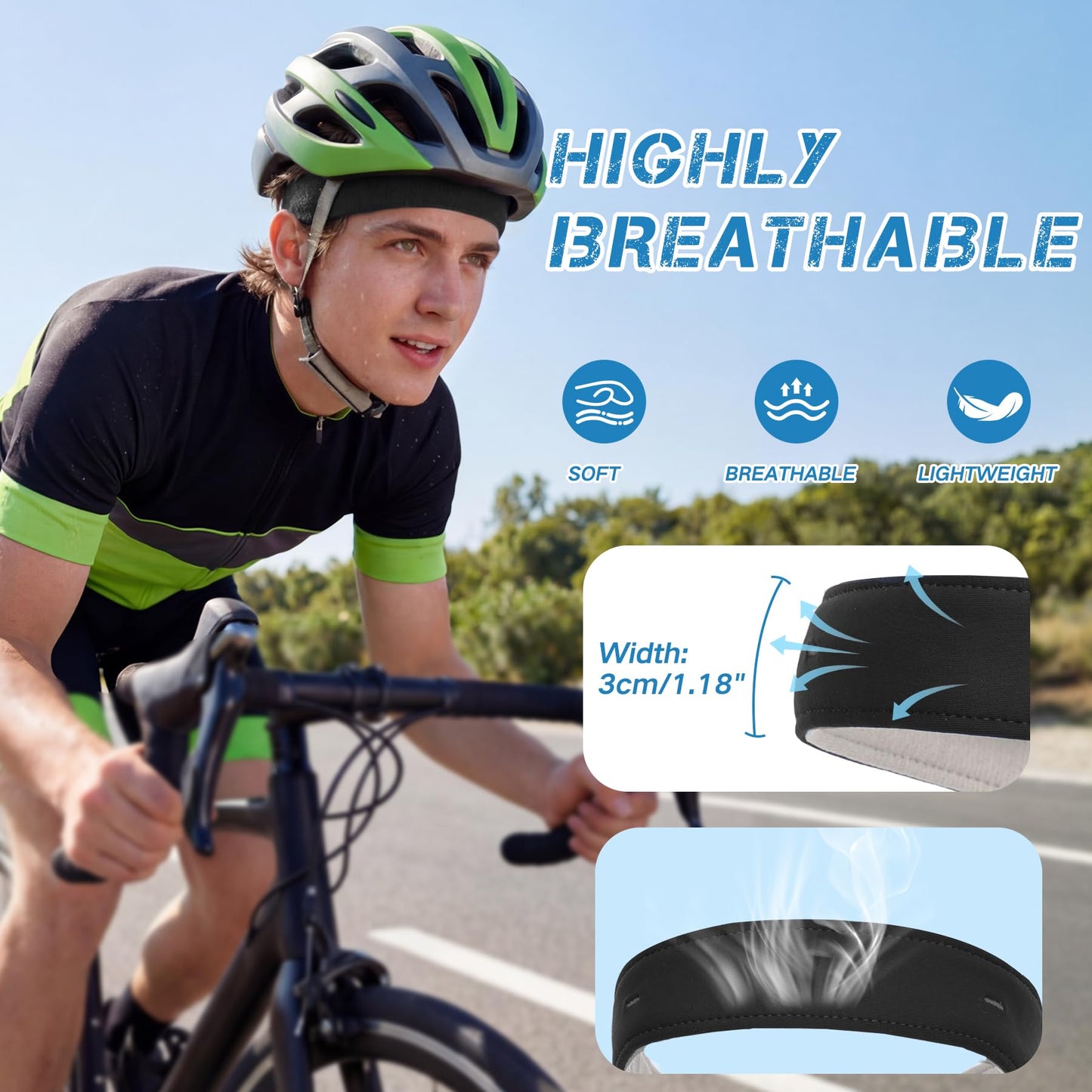Sukeen 1" Sweat Bands Headbands for Men, Moisture Wicking Sports Mens Headband, Adjustable Non-Slip Sweatbands for Men, Breathable Sweat Band for Running, Cycling, Football, Fitness, Black