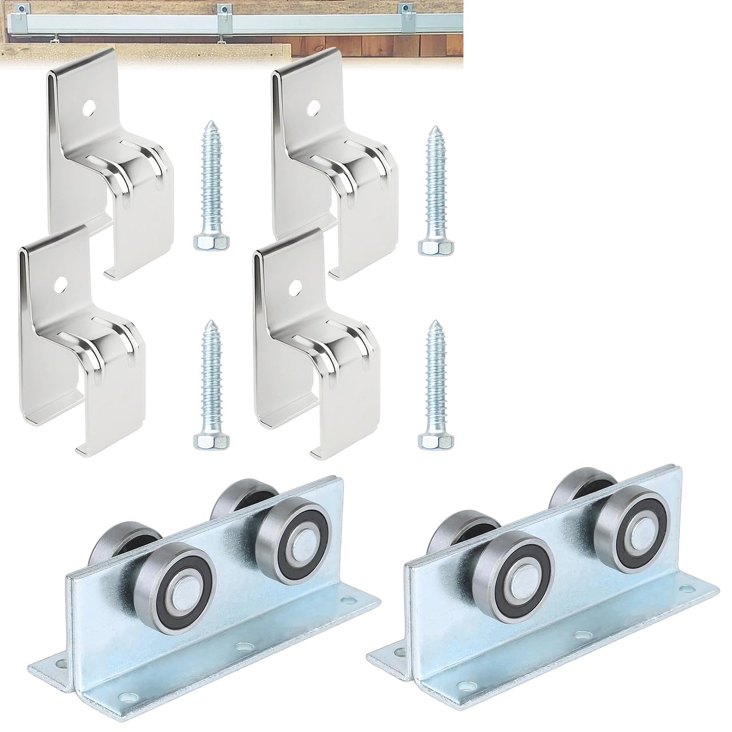 BiJun 4 Wheel Trolley Assembly Roller Strut Channel Trolley, Heavy Duty Box Rail Hanger Brackets Use to Mount for a Barn Door