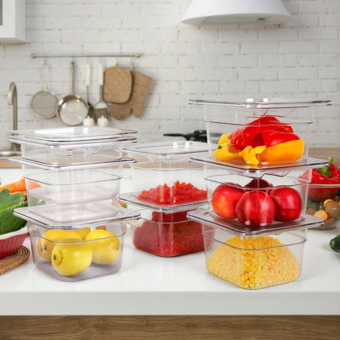 West Bay 9-Pack 1/6 Size 4''Deep NSF Polycarbonate Food Pans with Lids, Clear Commercial Hotel Pans, Food Storage Containers for Restaurant, Food Prep, Buffet, Salad Bar, Home Kitchen & Catering