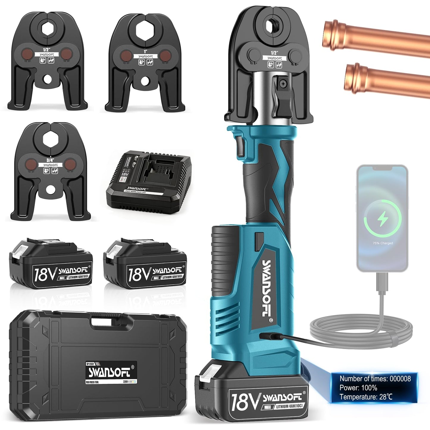 SWANSOFT Pro Press Tool, 18V 4Ah Battery Electric Hydraulic Crimping Tool for Copper Pipes with 3 US Compact VUS 1/2", 3/4'', 1",Jaws Pro Press Copper Plumbing Crimper Tool Kit (SWPR-12522T)