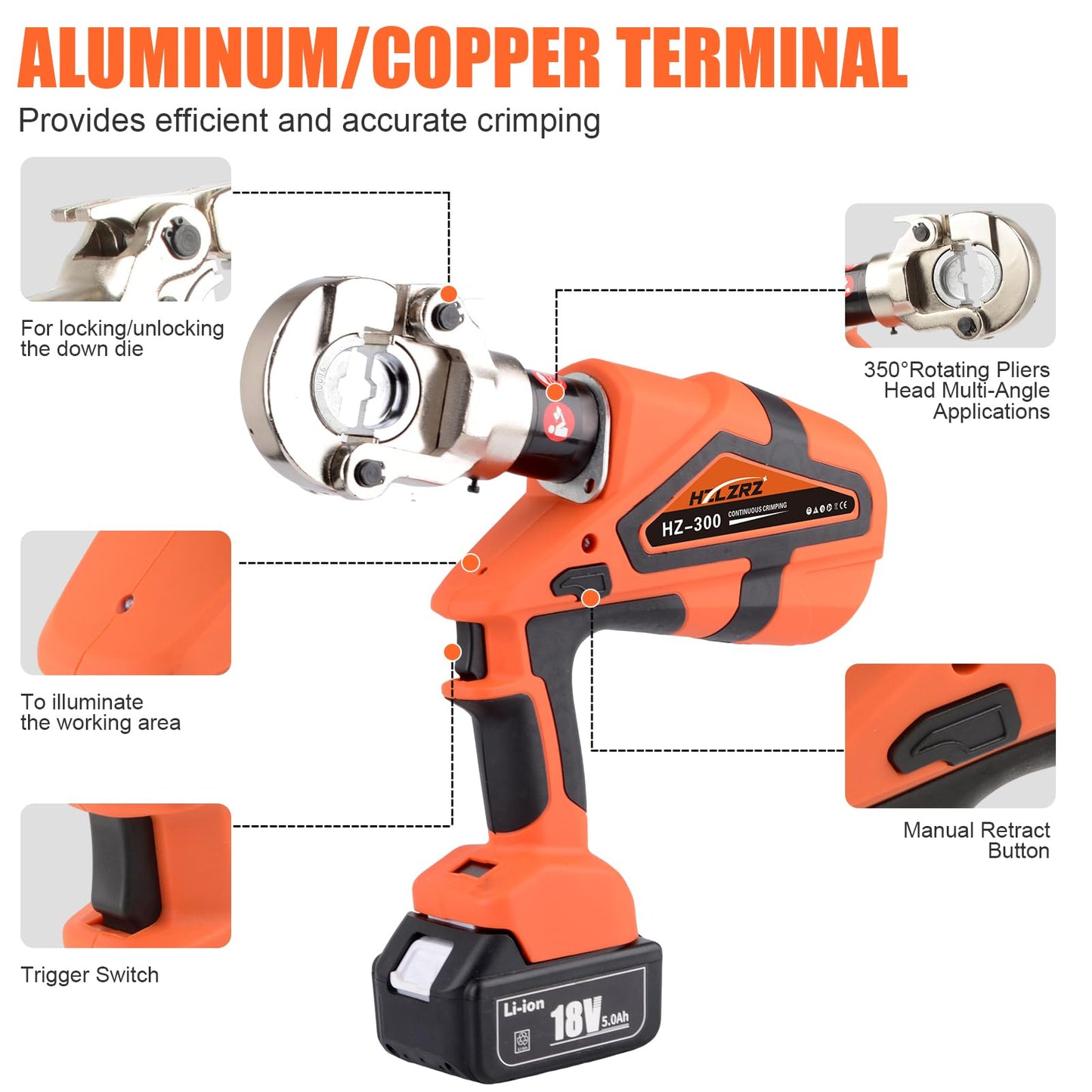 HZLZRZ 12 Ton Electric Hydraulic Crimper with Smart Chip Protection - Professional Battery Cable Lug Crimping Tool for Industrial Use, 8AWG-600MCM Copper Terminals, Rechargeable & Oil-Resistant