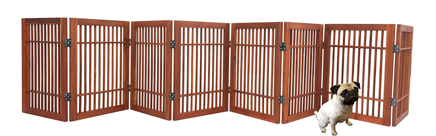 Urnporium Freestanding Wooden Dog Gate Foldable Indoor Pet Gate No Drill Expandable Barrier for Doorways Stairs Hallways Portable Wood Fence for Small Dogs & Puppies (Brown Pet Gate, 8 Panel 24" Tall)