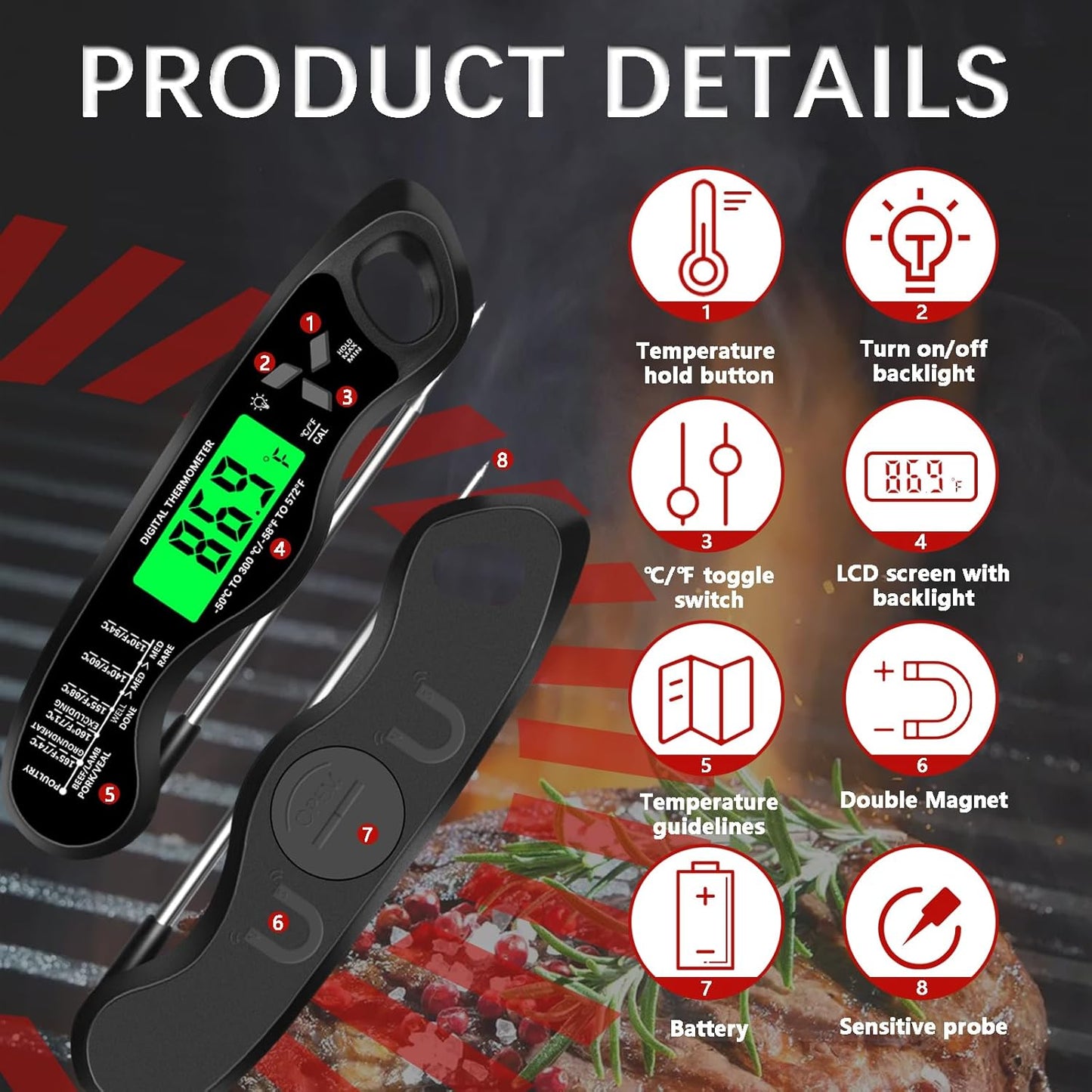 Skiennix Digital Meat Thermometer - IP67 Waterproof Cooking Thermometer with Backlight & Calibration