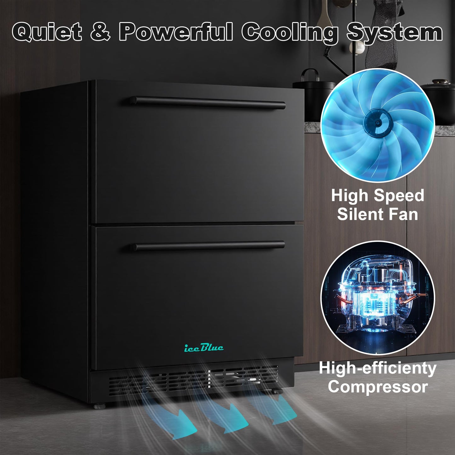 Iceblue 24 Inch Under Counter Drawer Fridge, Wine Fridge, Stainless Steel Freestanding Beverage Refrigerator, 34~50℉ Fast Cooling Wine Refrigerator for Home, Bar, Gift (Black)