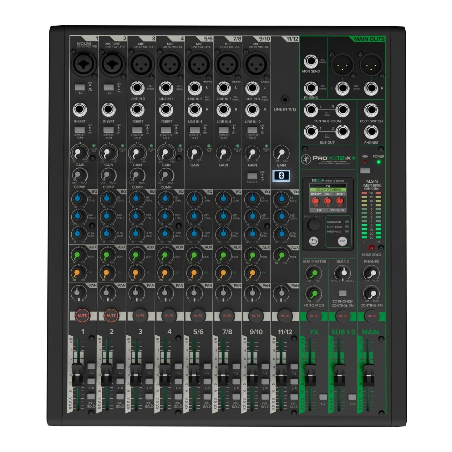Mackie ProFX12v3+ 12-Channel Professional Analog Mixer with USB, Onyx Mic Preamps, GigFX Effects Engine, and Bluetooth