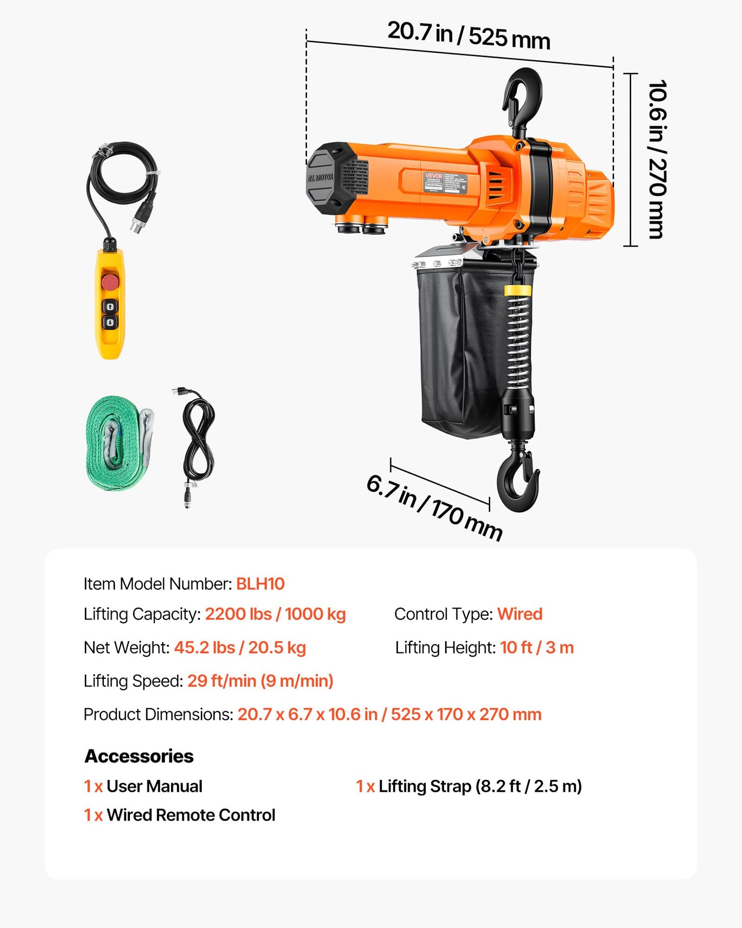 VEVOR 2200 lbs Electric Chain Hoist, 10 ft Lifting Height, 120V Single Phase Overhead Crane with 10 ft Wired Remote Control, G100 Chain Electric Lift Hoist for Factories, Warehouses, Garages