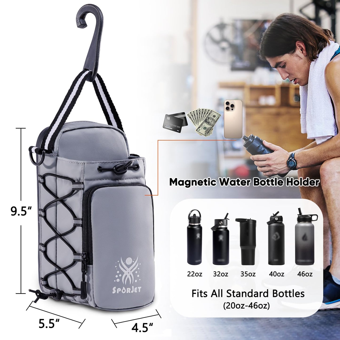 SPORJET Magnetic Gym Bag for Water Bottle – Fits Up to 46oz, Sling Water Bottle Holder with Strap & Phone Pocket, Magnetic Workout Bag for Gym, Fitness, Outdoor, Men & Women