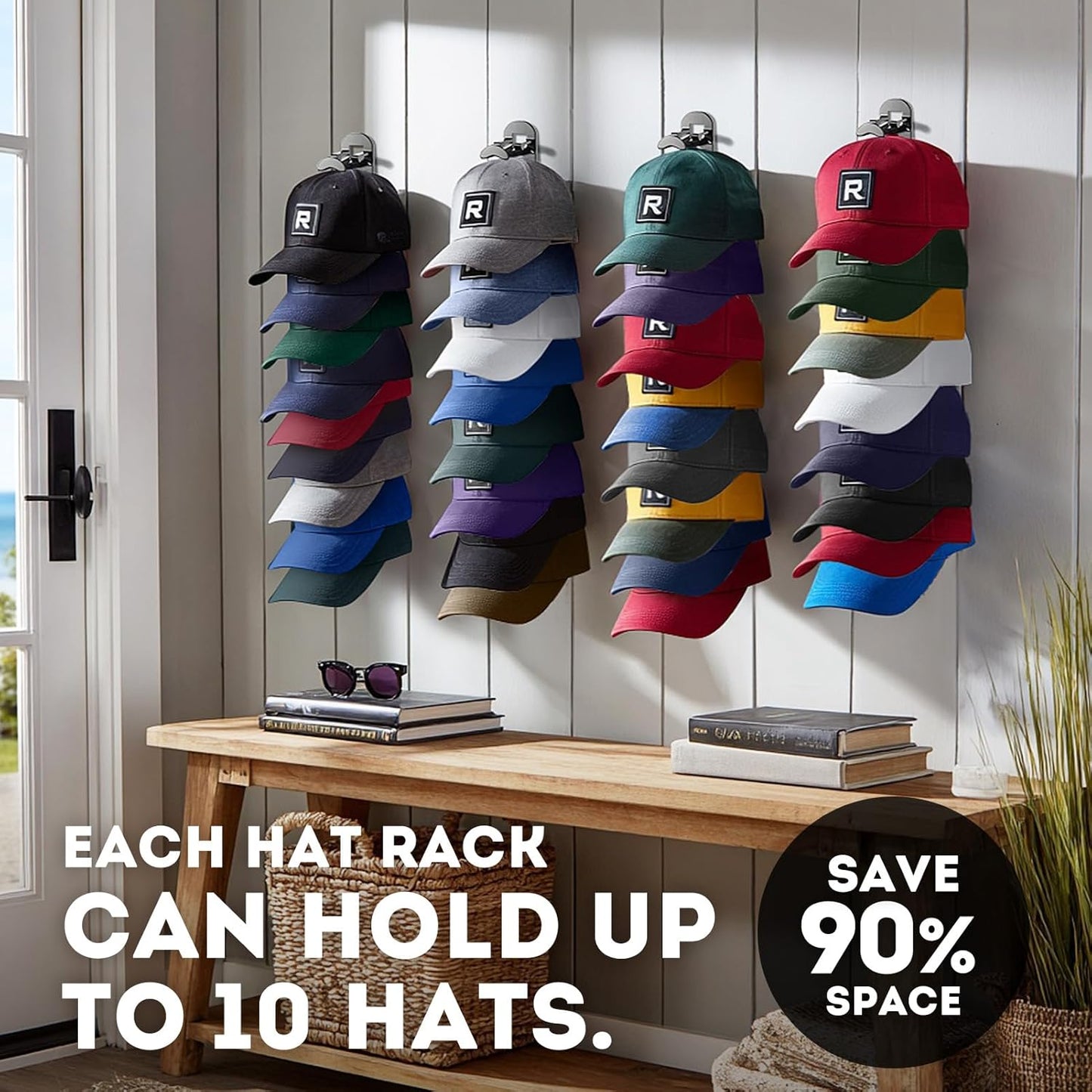Skiennix Hat Hook Organizer - Holds Up to 20 Hats | Strong Adhesive & 8 Screws Included - Black